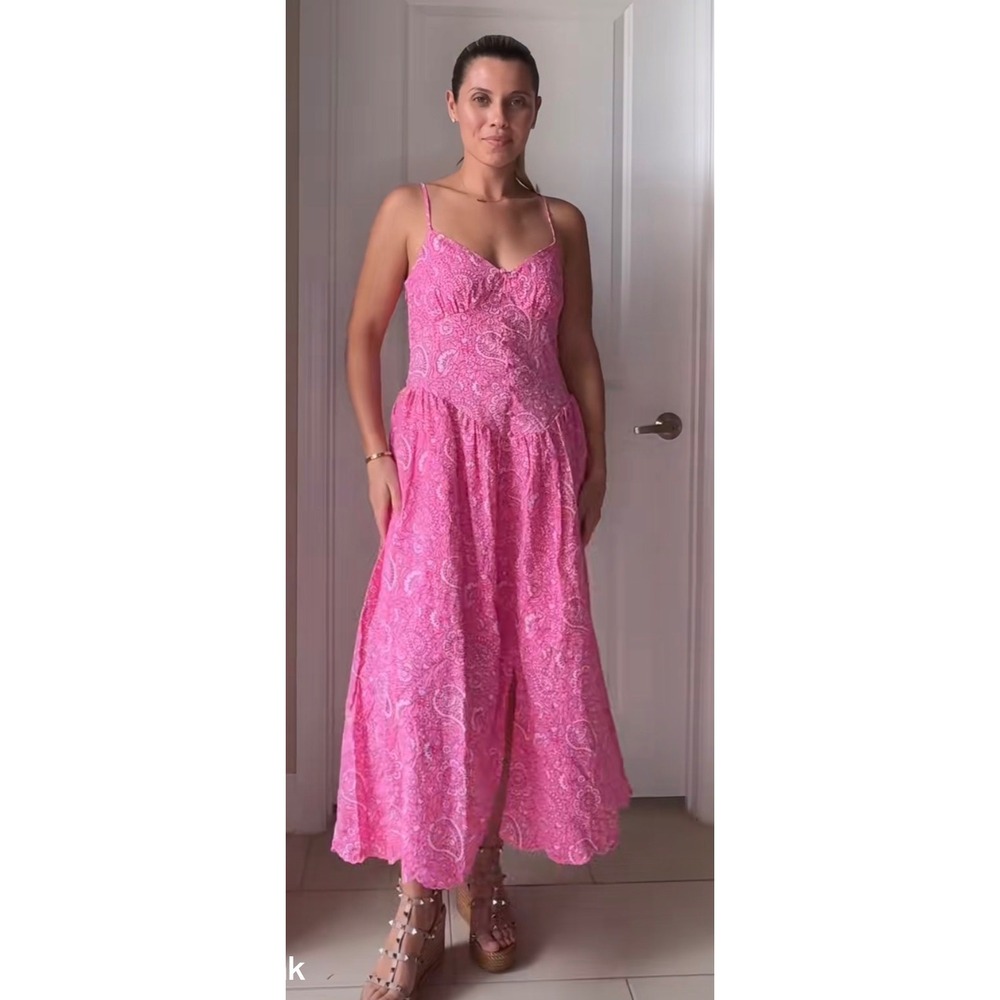Roller Rabbit Midi Dress small Pink Paisley Clip Dot Smocked Back Sweetheart